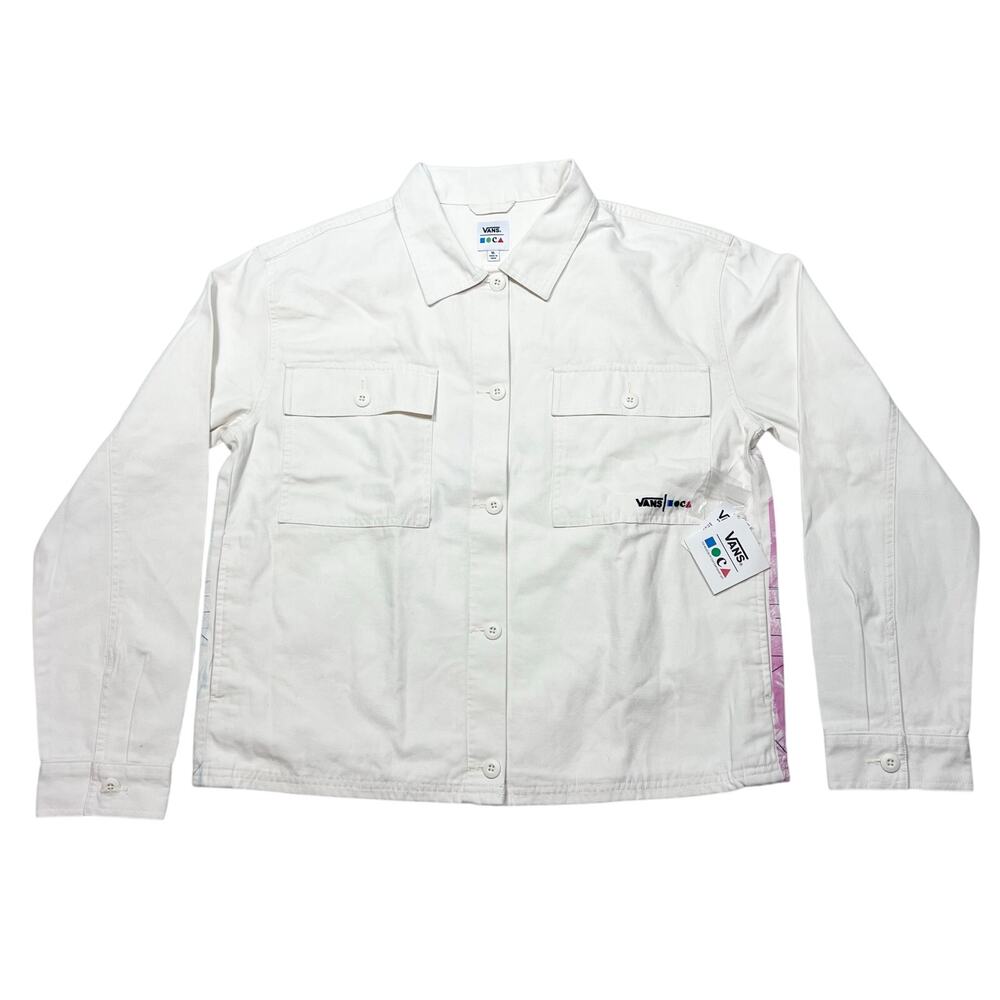 Vans x Moca Judy Baca Denim Jackets Women XL Ivory White Patch Pockets Boxy New